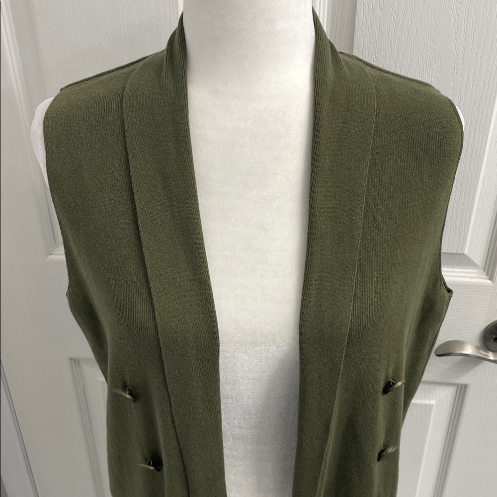 Olive Green Long Sleeveless Waterfall Open Knit Vest Sz M - Picture 5 of 15